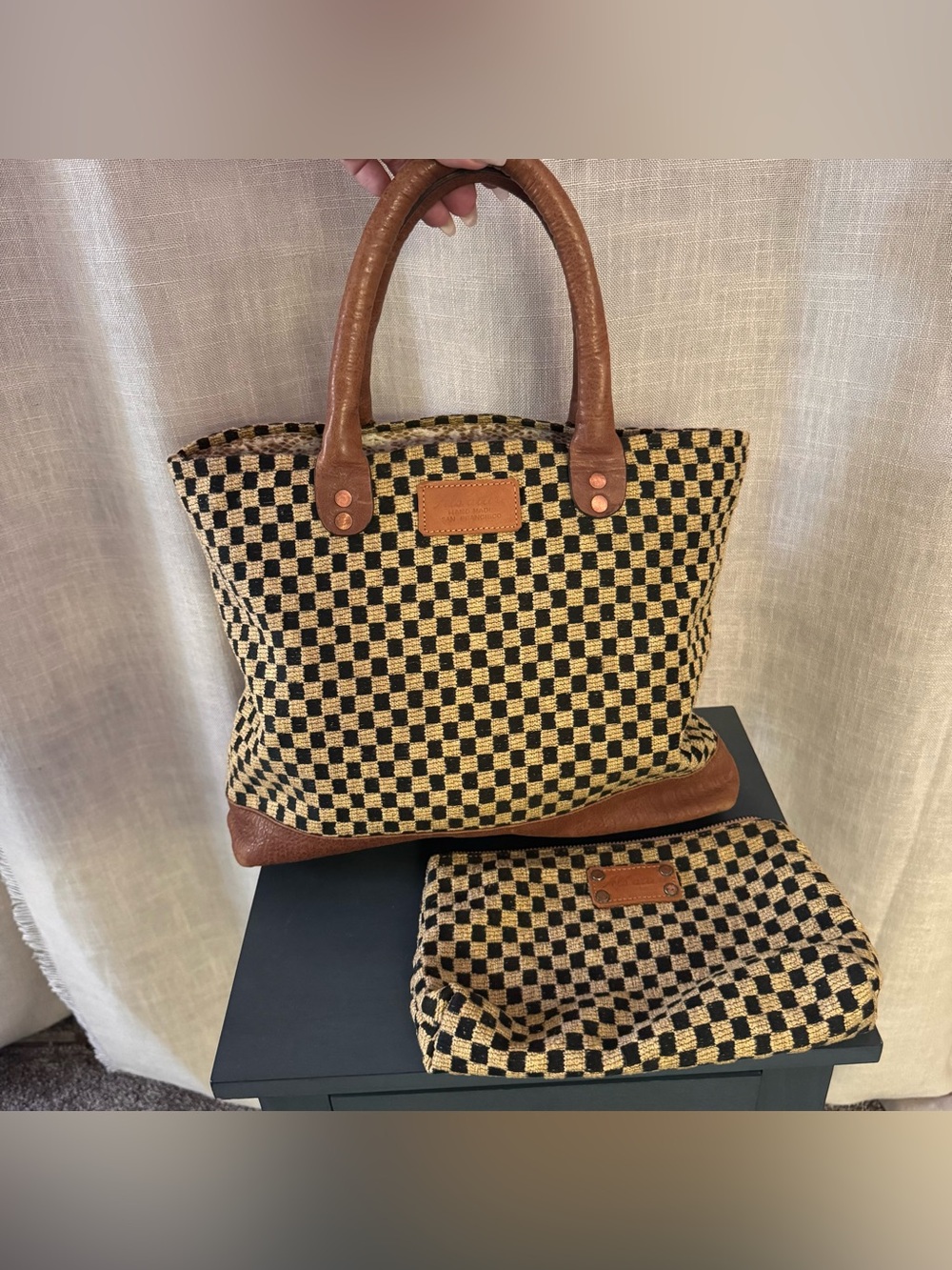 Tan and black checkered hand made cloth and leather vintage bag with pouch
